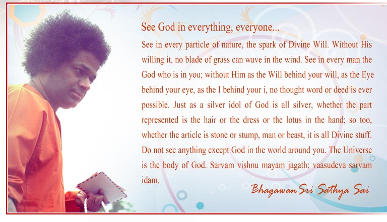 See in every particle of nature, the spark of Divine Will. Without His willing it, no blade of grass can wave in the wind. See in every man the God who is in you; without Him as the Will behind your will, as the Eye - Sri Sathya Sai